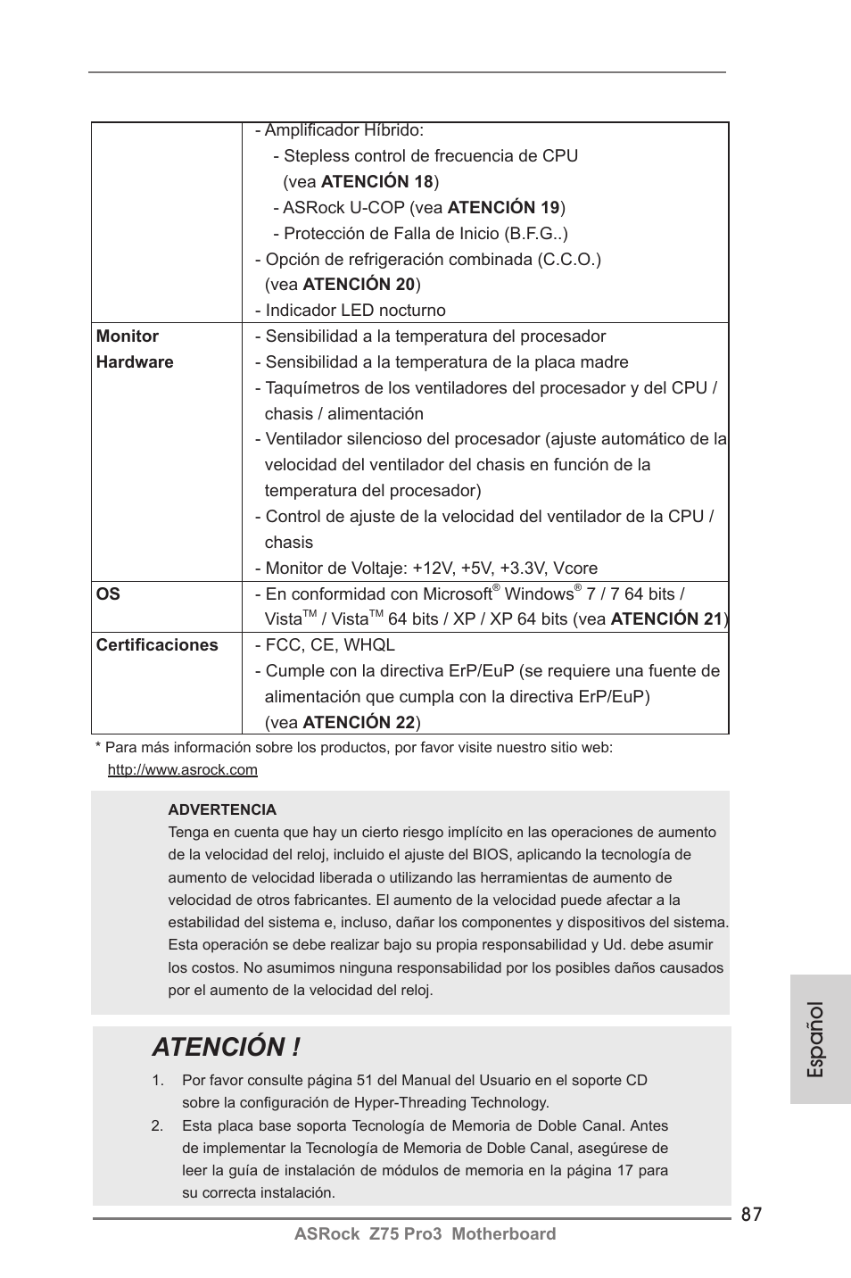 Atención, Español | ASRock Z75 Pro3 User Manual | Page 87 / 192