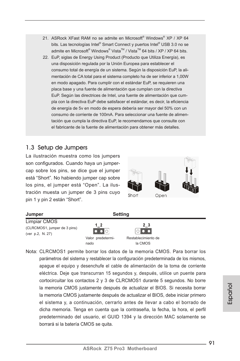 Español 1.3 setup de jumpers | ASRock Z75 Pro3 User Manual | Page 91 / 192