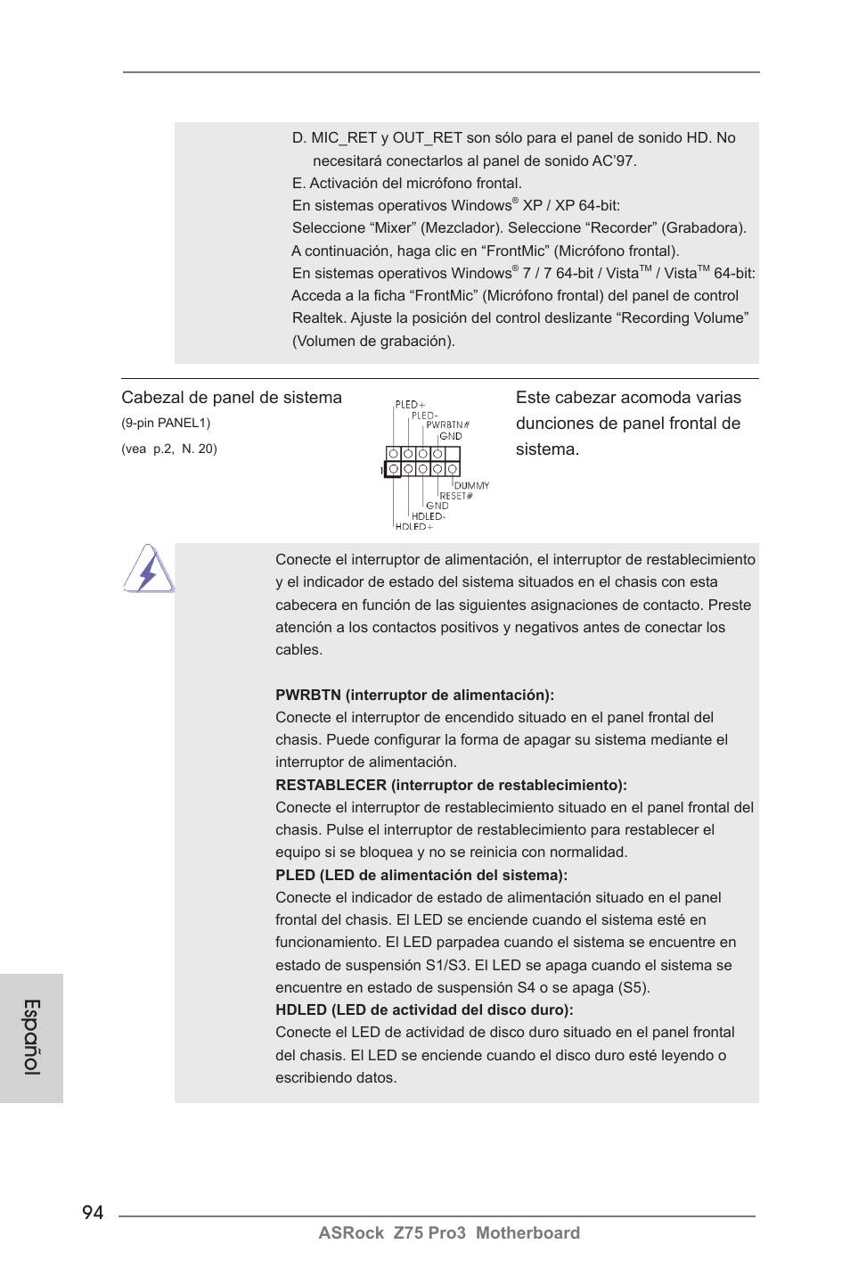 Español | ASRock Z75 Pro3 User Manual | Page 94 / 192