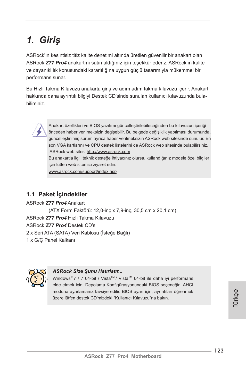 Turkish, Giriş, 1 paket içindekiler | Türkçe | ASRock Z77 Pro4 User Manual | Page 123 / 209