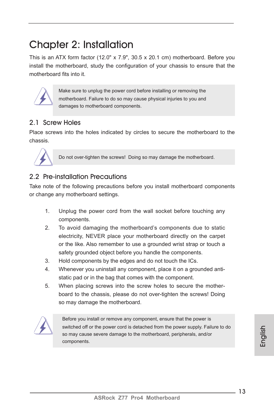 Chapter 2: installation, English, 1 screw holes | 2 pre-installation precautions | ASRock Z77 Pro4 User Manual | Page 13 / 209