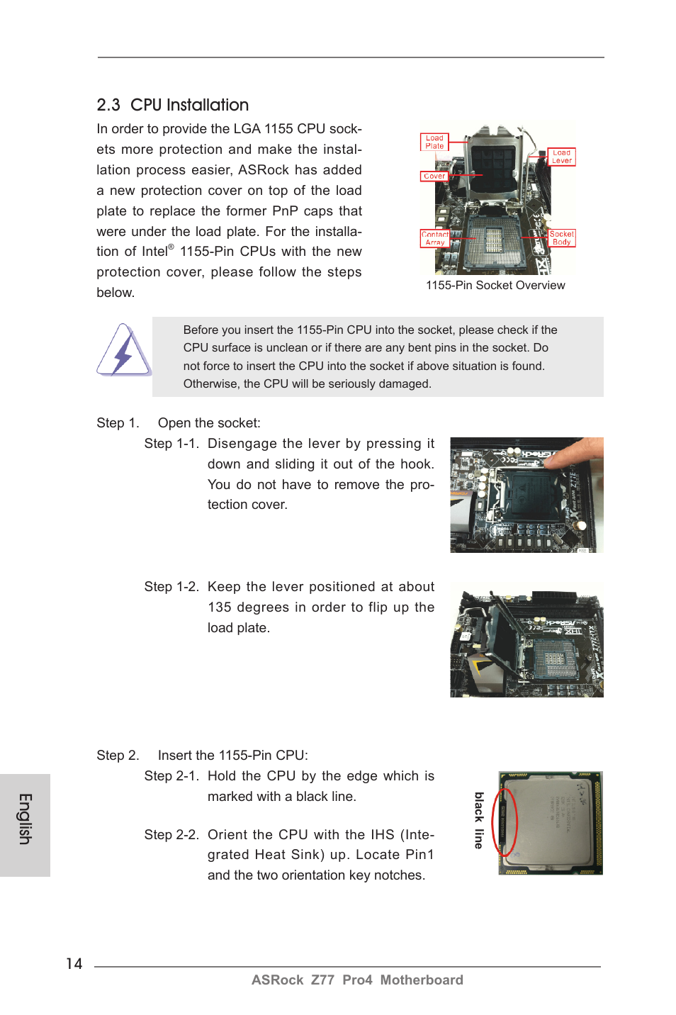 English, 3 cpu installation | ASRock Z77 Pro4 User Manual | Page 14 / 209