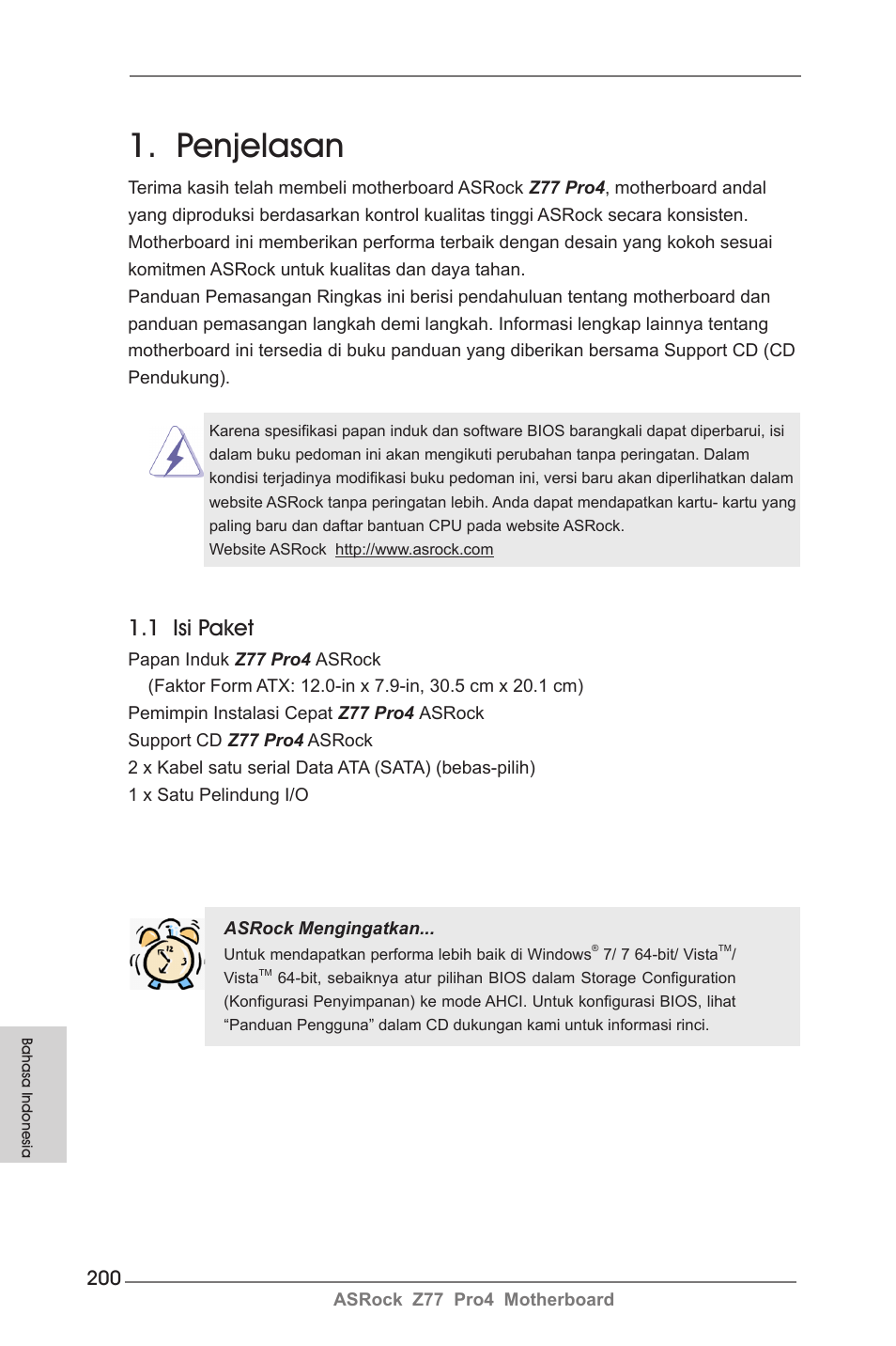 Indonesian, Penjelasan, 1 isi paket | ASRock Z77 Pro4 User Manual | Page 200 / 209