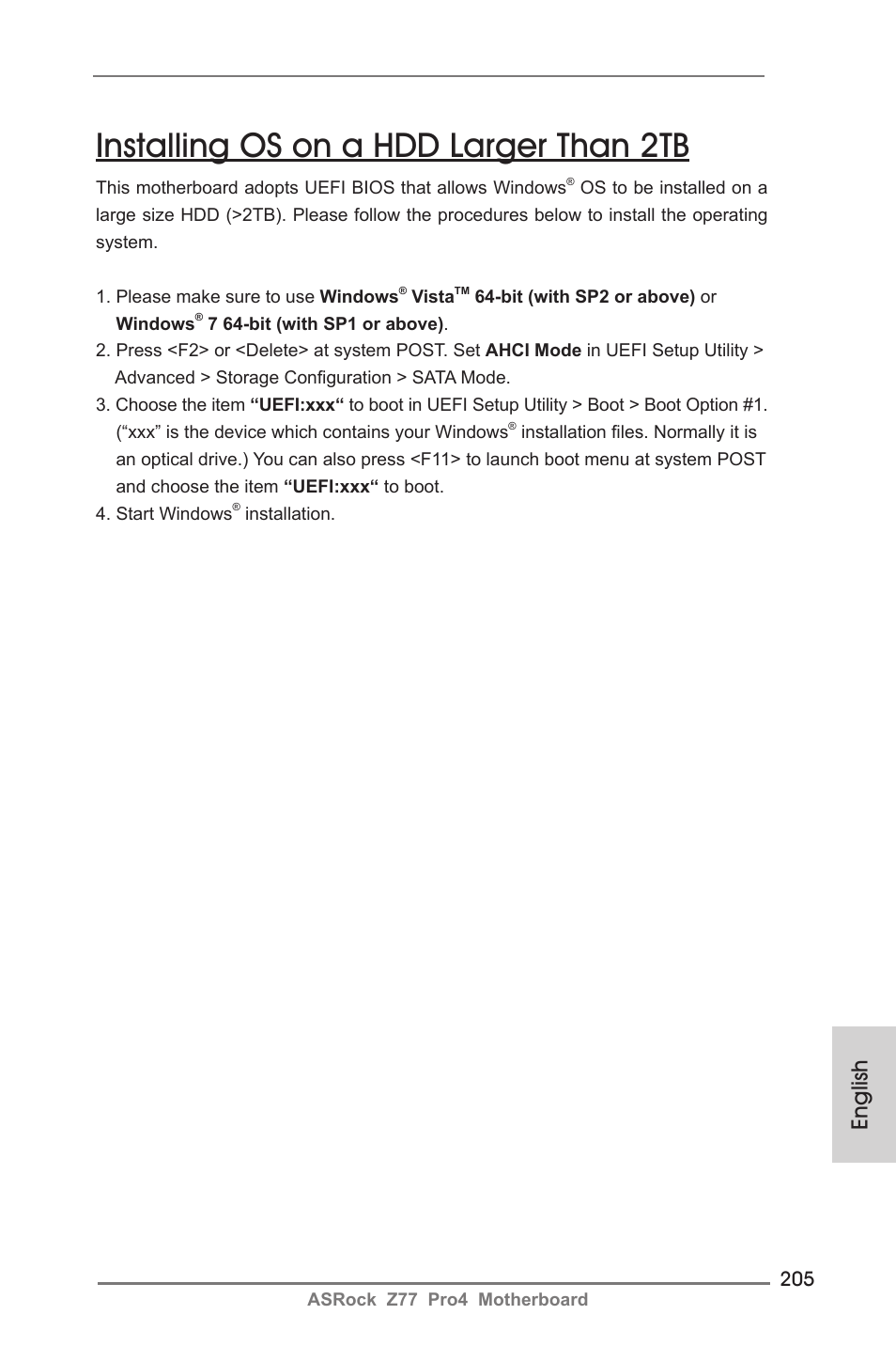 Installing os on a hdd larger than 2tb, English | ASRock Z77 Pro4 User Manual | Page 205 / 209