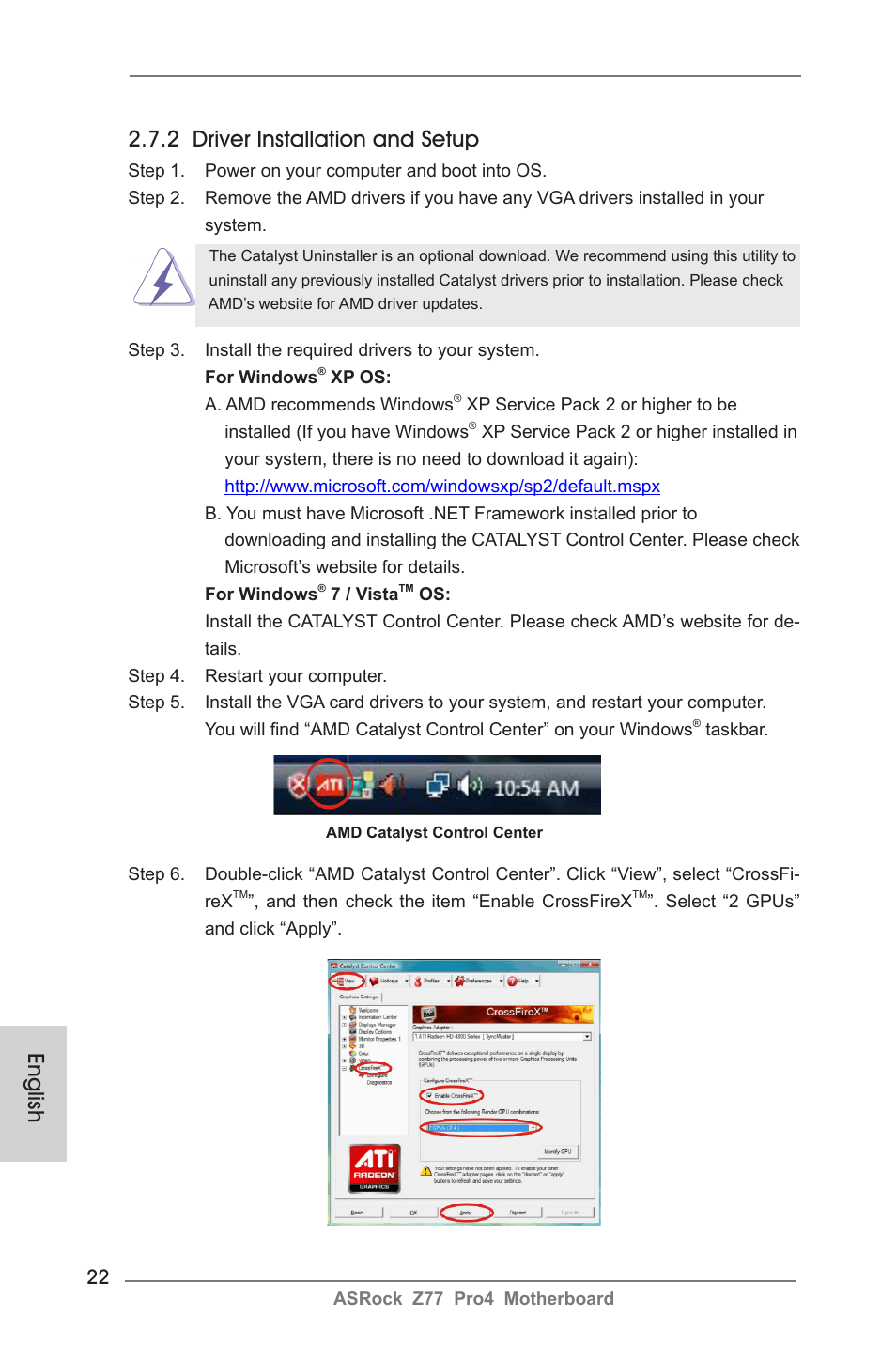 English, 2 driver installation and setup | ASRock Z77 Pro4 User Manual | Page 22 / 209