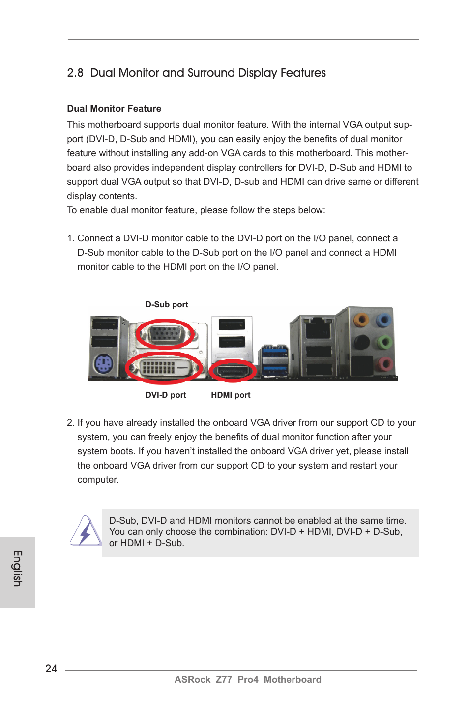 English, 8 dual monitor and surround display features | ASRock Z77 Pro4 User Manual | Page 24 / 209