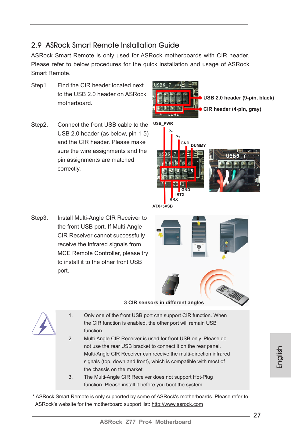 English, 9 asrock smart remote installation guide | ASRock Z77 Pro4 User Manual | Page 27 / 209