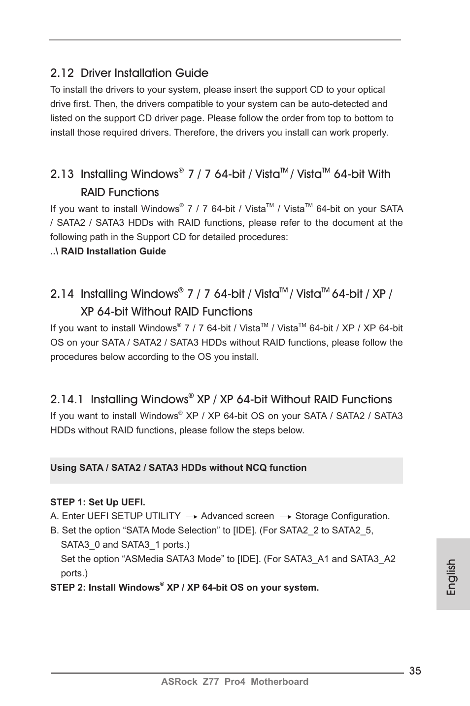 English 2.12 driver installation guide, 13 installing windows, 7 / 7 64-bit / vista | Vista, Bit with raid functions, 14 installing windows, Bit / xp / xp 64-bit without raid functions, 1 installing windows, Xp / xp 64-bit without raid functions | ASRock Z77 Pro4 User Manual | Page 35 / 209