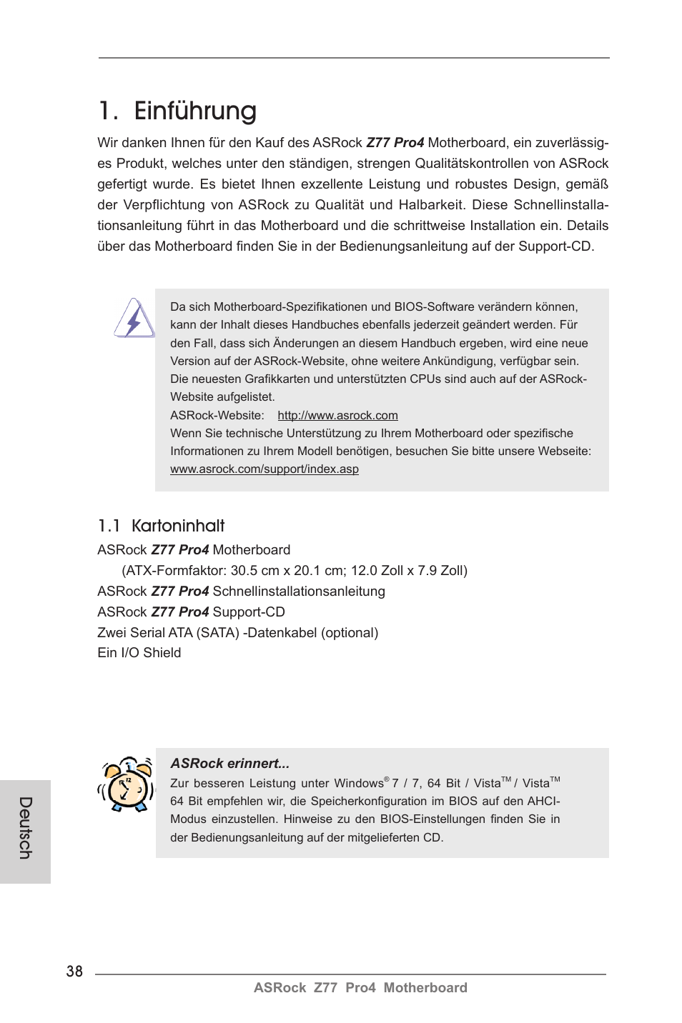 German, Einführung, 1 kartoninhalt | Deutsch | ASRock Z77 Pro4 User Manual | Page 38 / 209