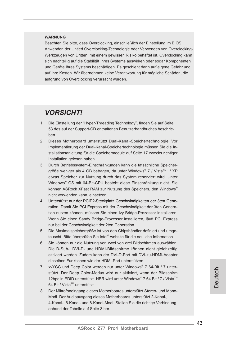 Vorsicht, Deutsch, Asrock z77 pro4 motherboard | ASRock Z77 Pro4 User Manual | Page 43 / 209