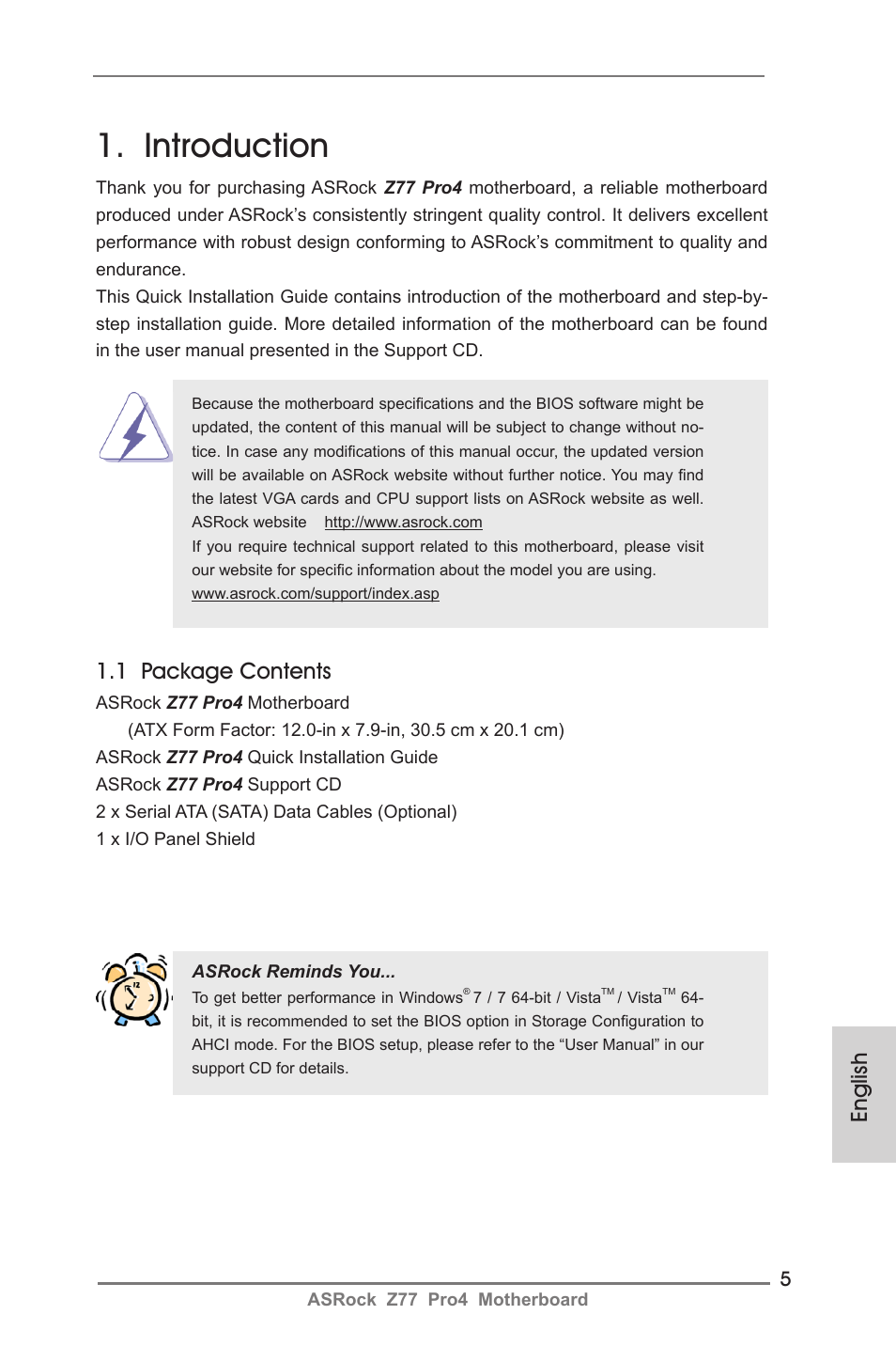 Introduction, 1 package contents, English | ASRock Z77 Pro4 User Manual | Page 5 / 209