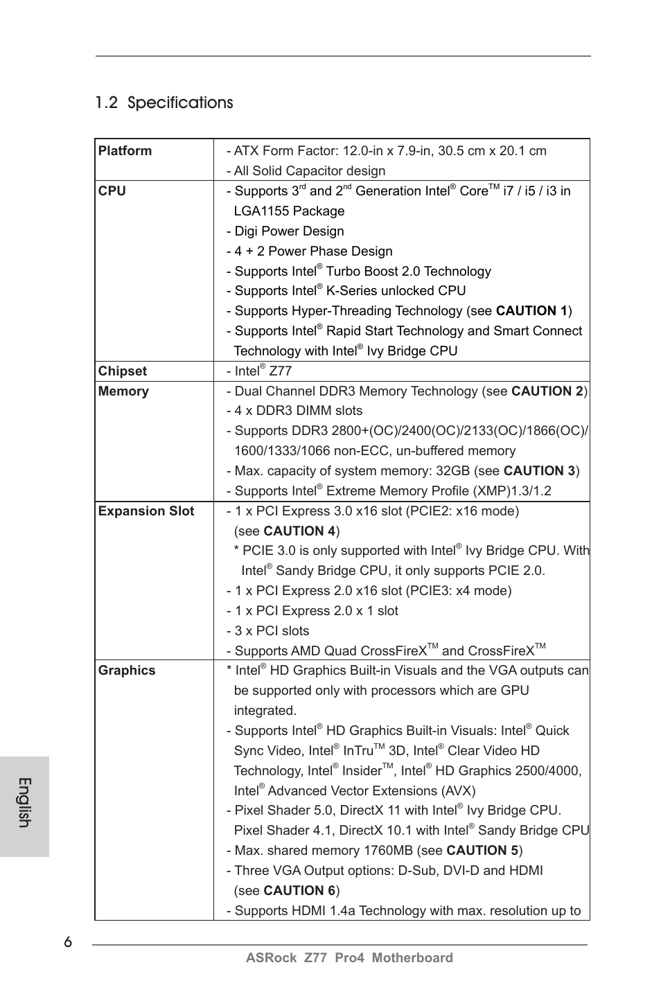 English 1.2 specifications | ASRock Z77 Pro4 User Manual | Page 6 / 209