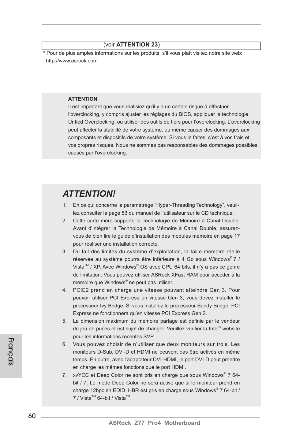 Attention, Français | ASRock Z77 Pro4 User Manual | Page 60 / 209