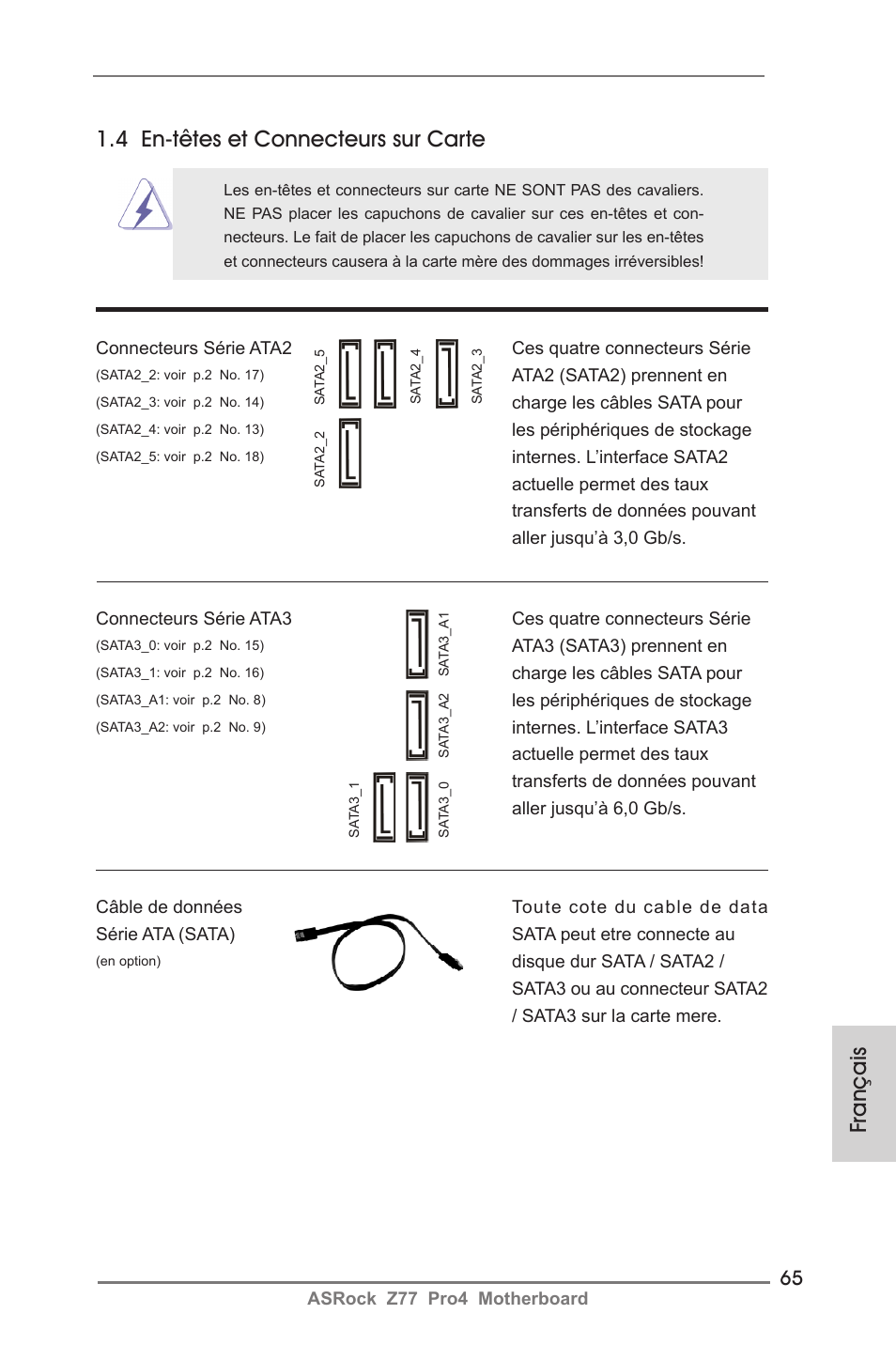 Français, 4 en-têtes et connecteurs sur carte | ASRock Z77 Pro4 User Manual | Page 65 / 209