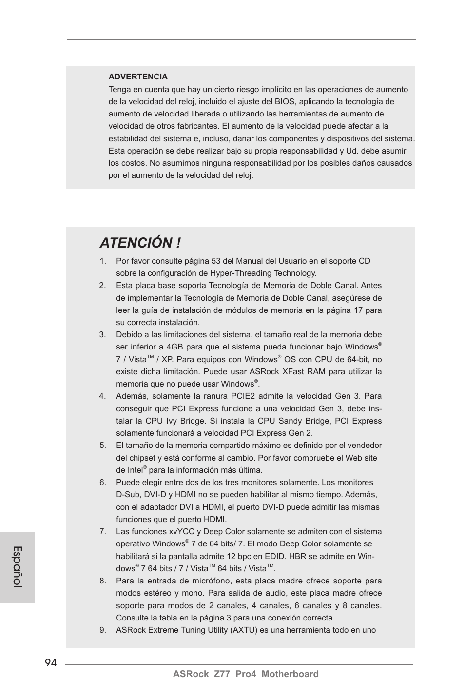 Atención, Español, Asrock z77 pro4 motherboard | ASRock Z77 Pro4 User Manual | Page 94 / 209