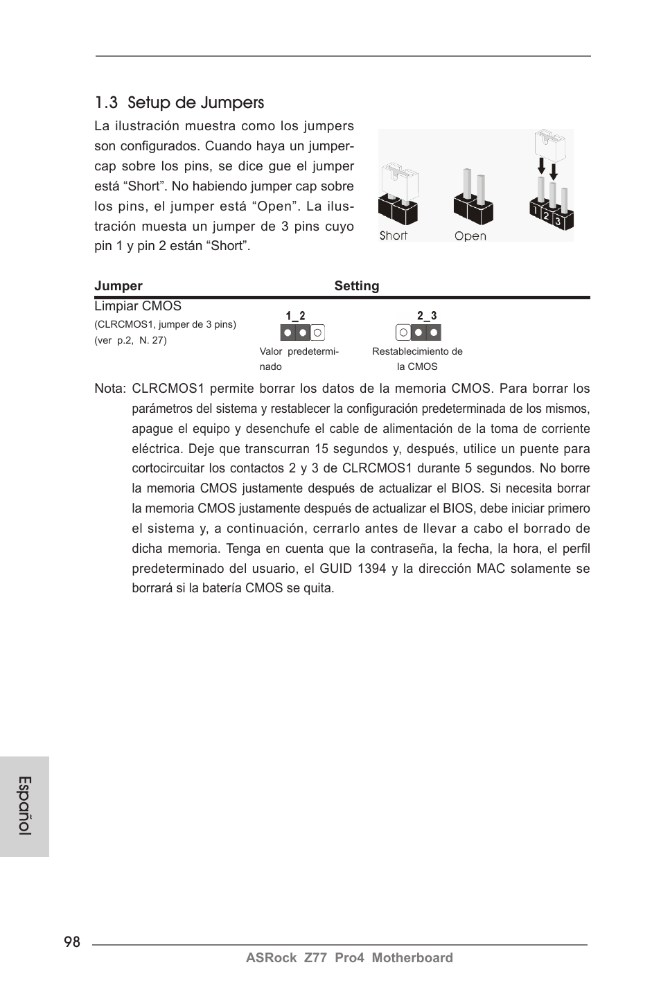 3 setup de jumpers, Español | ASRock Z77 Pro4 User Manual | Page 98 / 209