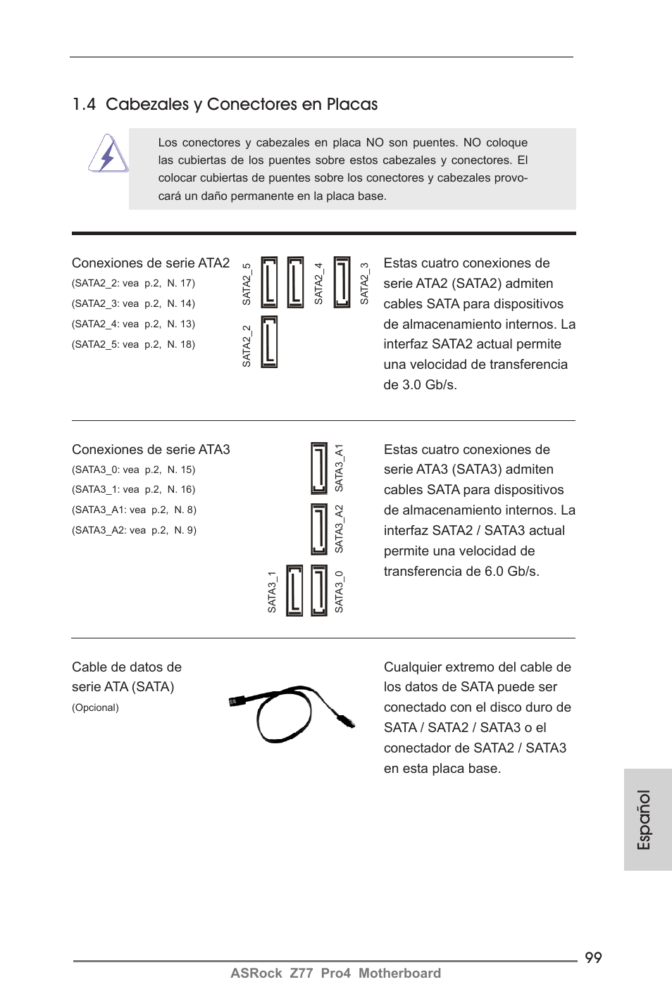 4 cabezales y conectores en placas, Español | ASRock Z77 Pro4 User Manual | Page 99 / 209