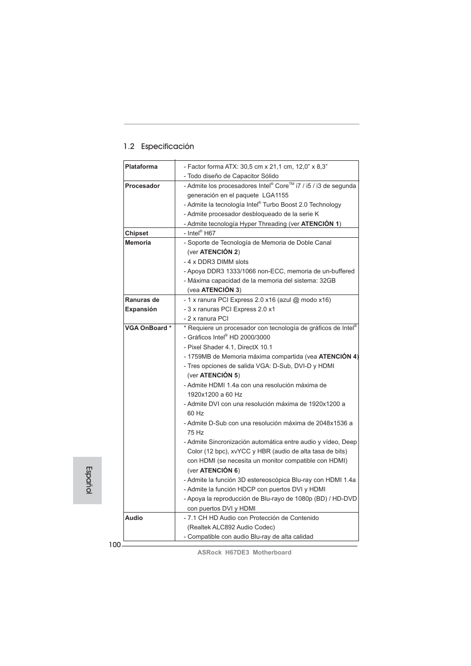 2 especificación, Español | ASRock H67DE3 User Manual | Page 100 / 253