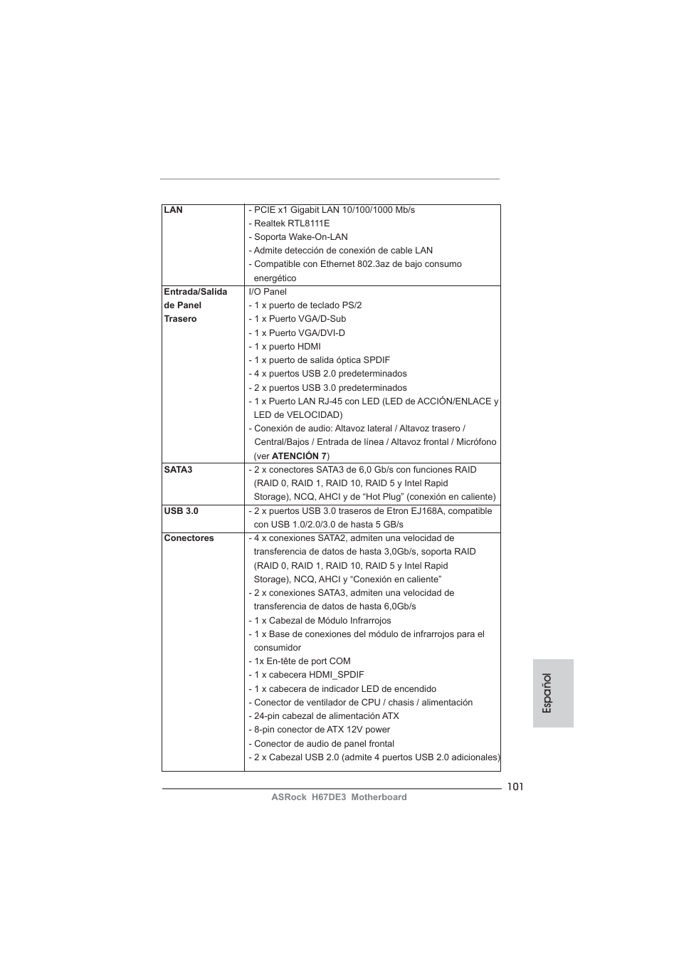 Español | ASRock H67DE3 User Manual | Page 101 / 253