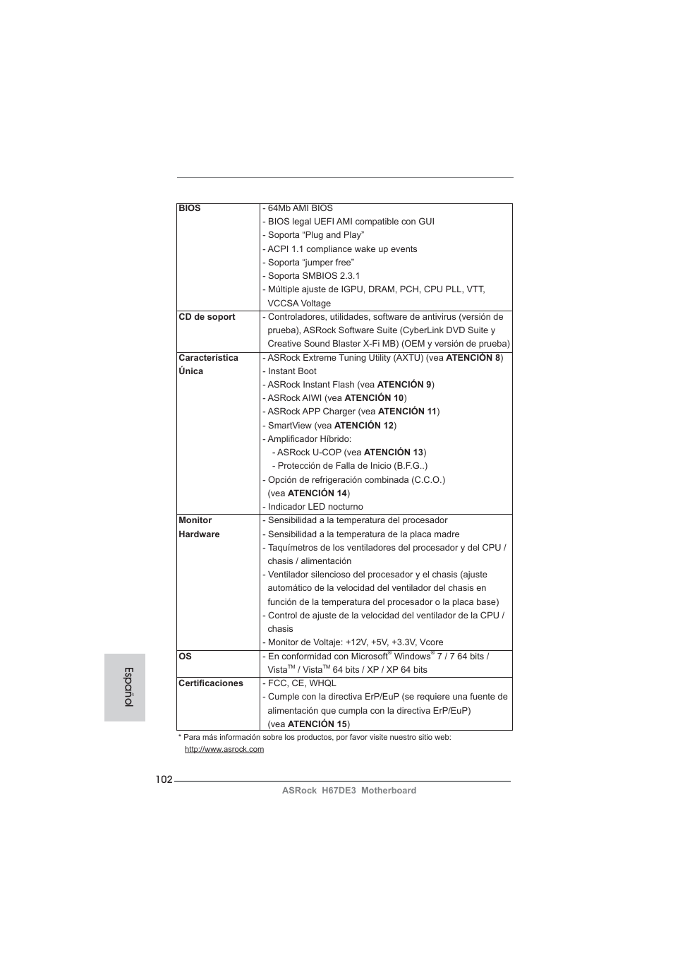 Español | ASRock H67DE3 User Manual | Page 102 / 253