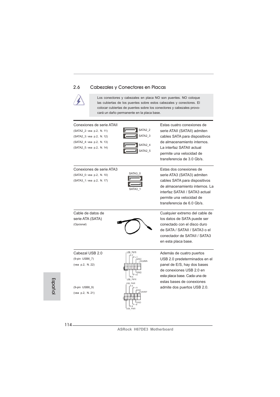 6 cabezales y conectores en placas, Español | ASRock H67DE3 User Manual | Page 114 / 253