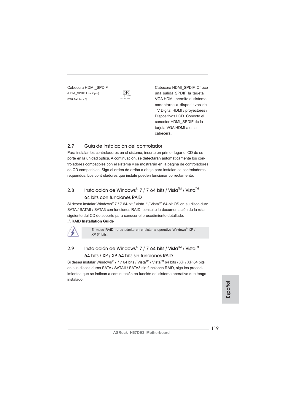 Español, 7 guía de instalación del controlador, 8 instalación de windows | 7 / 7 64 bits / vista, Vista, 64 bits con funciones raid, 9 instalación de windows, 64 bits / xp / xp 64 bits sin funciones raid | ASRock H67DE3 User Manual | Page 119 / 253