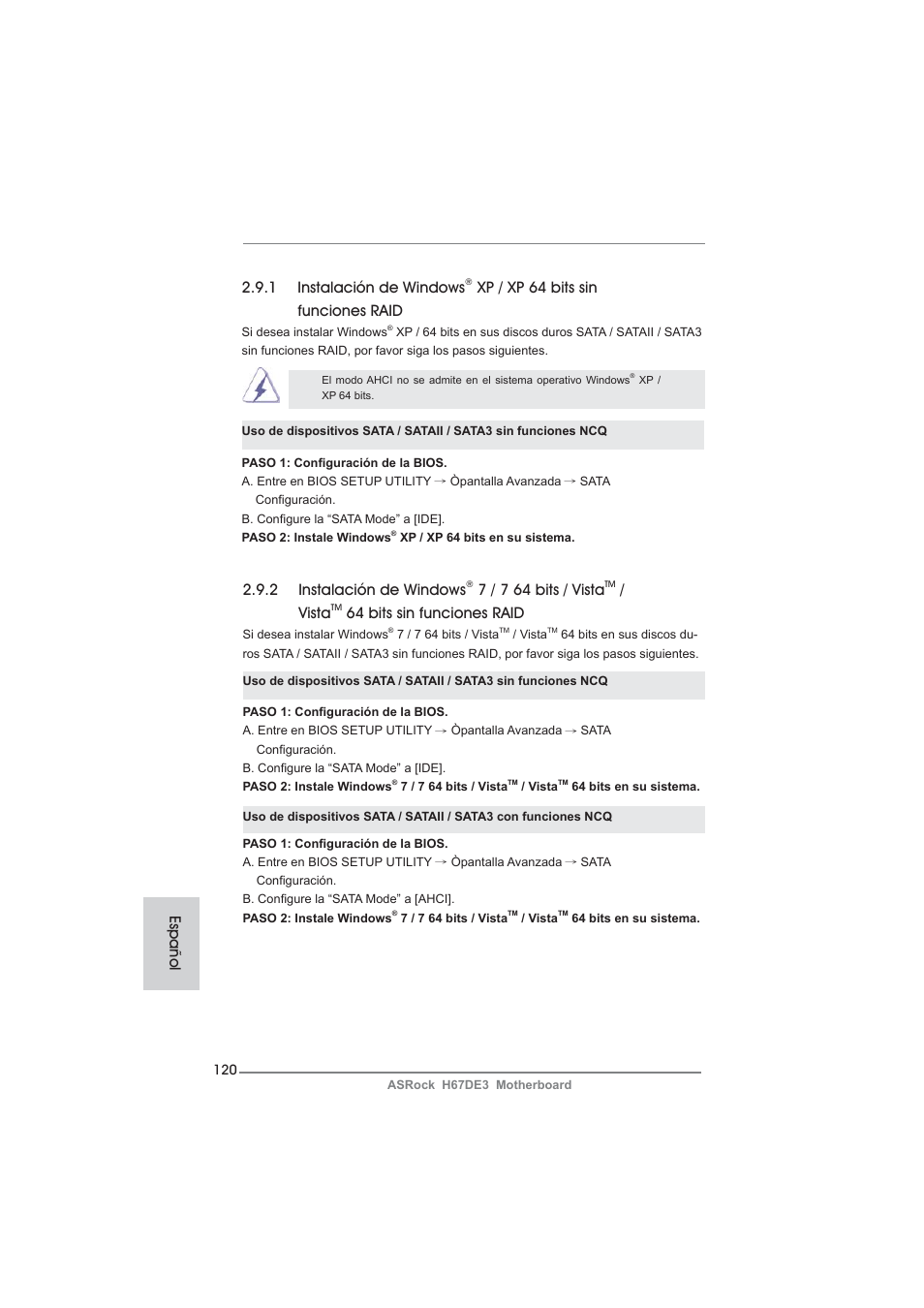 1 instalación de windows, Xp / xp 64 bits sin funciones raid, 2 instalación de windows | 7 / 7 64 bits / vista, Vista, 64 bits sin funciones raid, Español | ASRock H67DE3 User Manual | Page 120 / 253