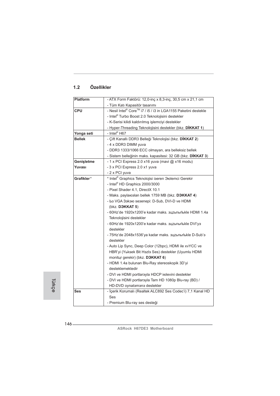 2 özellikler, Türkçe | ASRock H67DE3 User Manual | Page 146 / 253