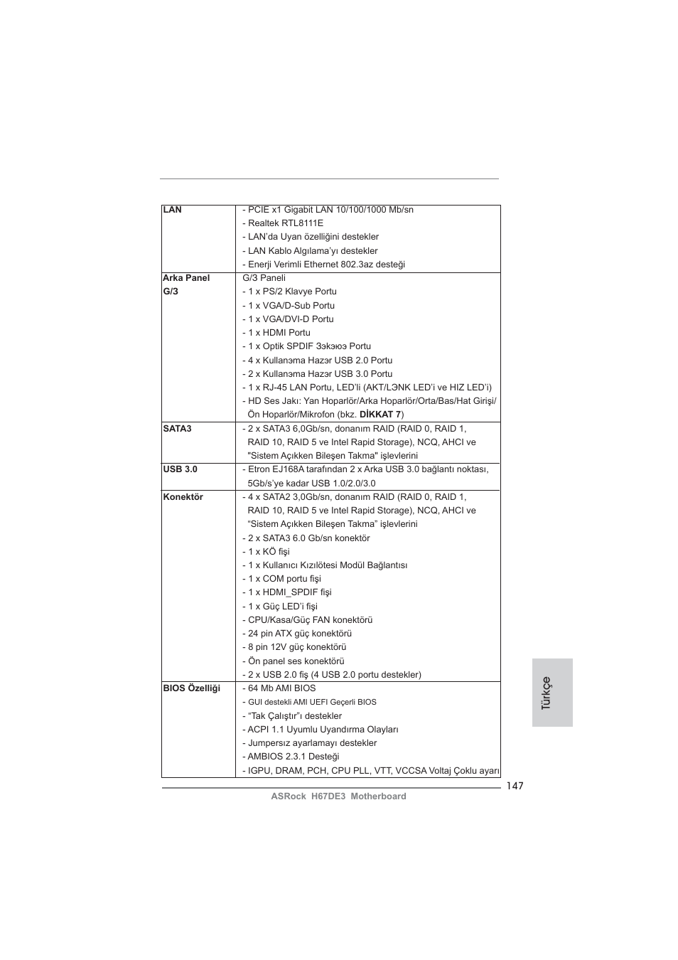 Türkçe | ASRock H67DE3 User Manual | Page 147 / 253