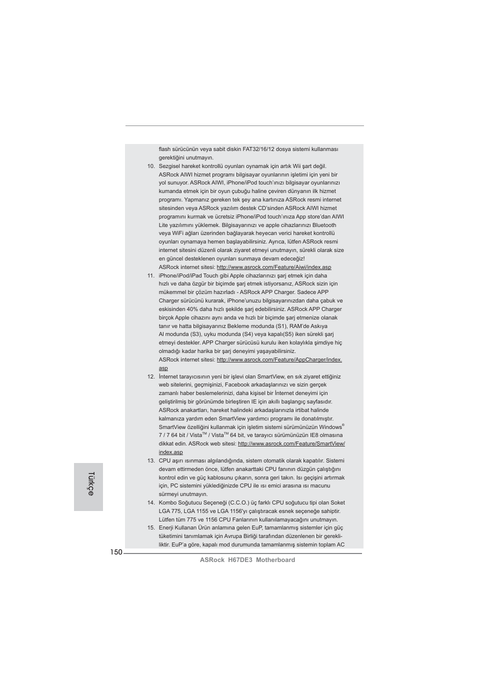 Türkçe | ASRock H67DE3 User Manual | Page 150 / 253