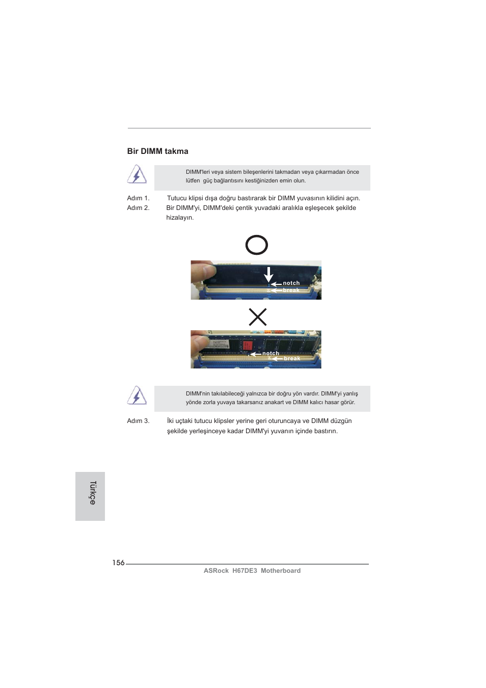 Bir dimm takma, Türkçe | ASRock H67DE3 User Manual | Page 156 / 253