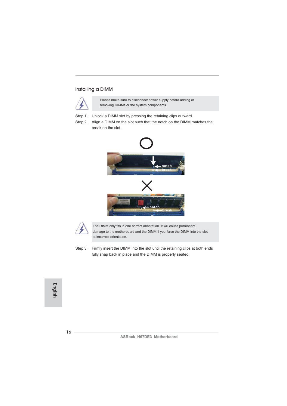 Installing a dimm, English | ASRock H67DE3 User Manual | Page 16 / 253