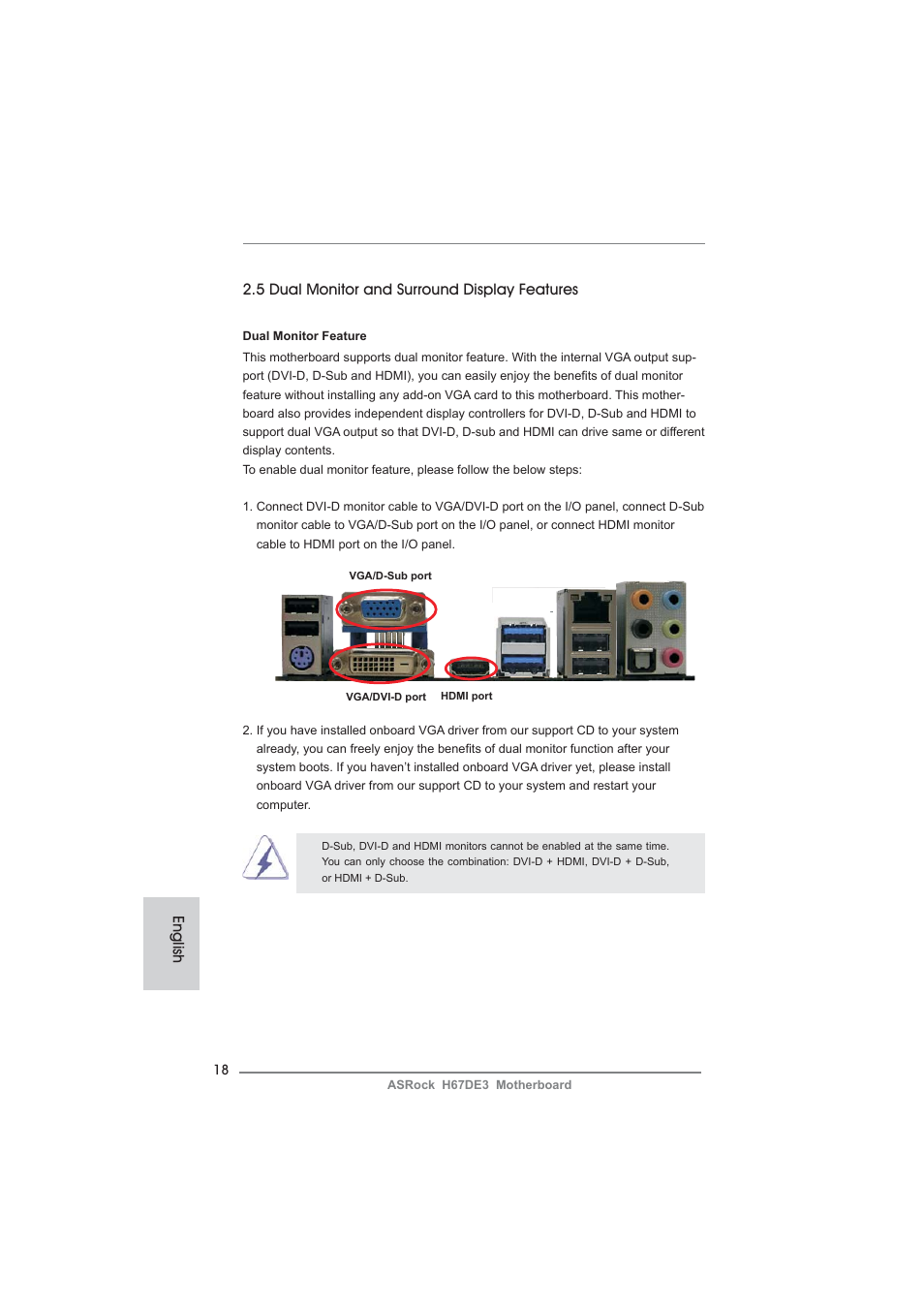 English, 5 dual monitor and surround display features | ASRock H67DE3 User Manual | Page 18 / 253