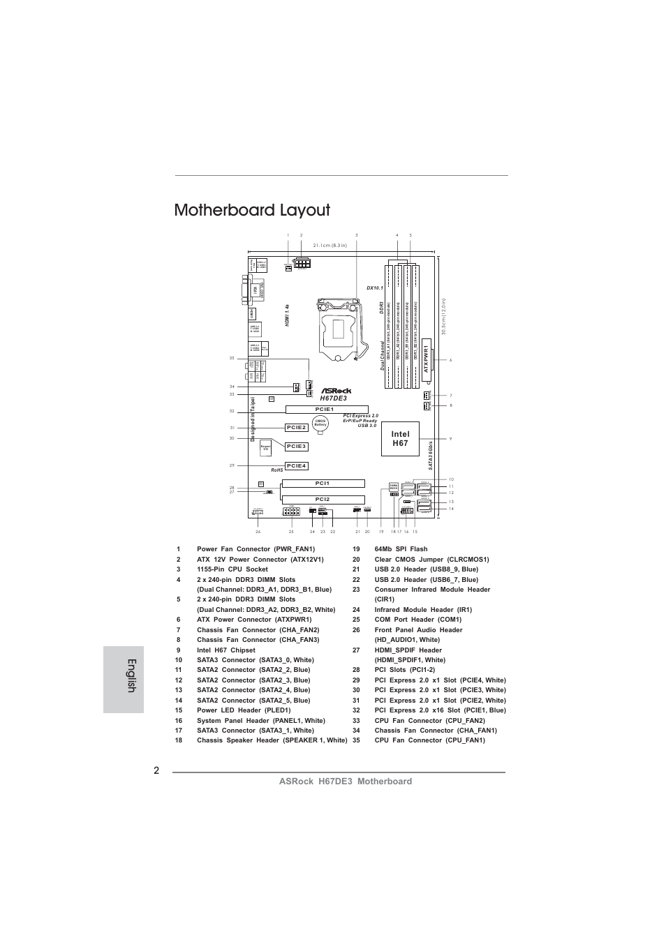 Motherboard layout, English, Clrcmos1 | Hdled reset pled pwrbtn panel1, Speaker1, Pled1, Hd_audio1, Audio codec, Usb6_7, Cir1 | ASRock H67DE3 User Manual | Page 2 / 253