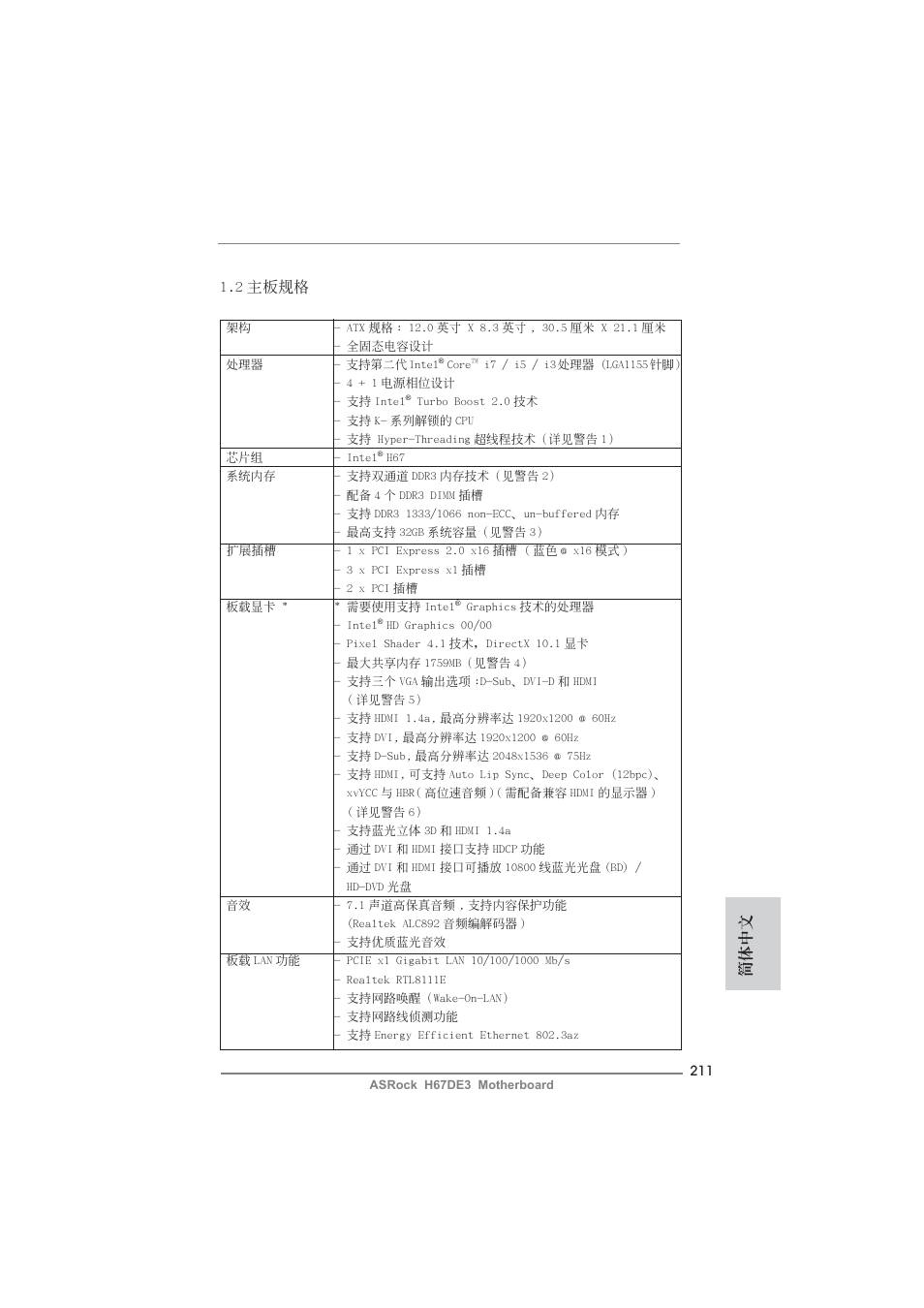 簡體中文 1.2 主板規格 | ASRock H67DE3 User Manual | Page 211 / 253