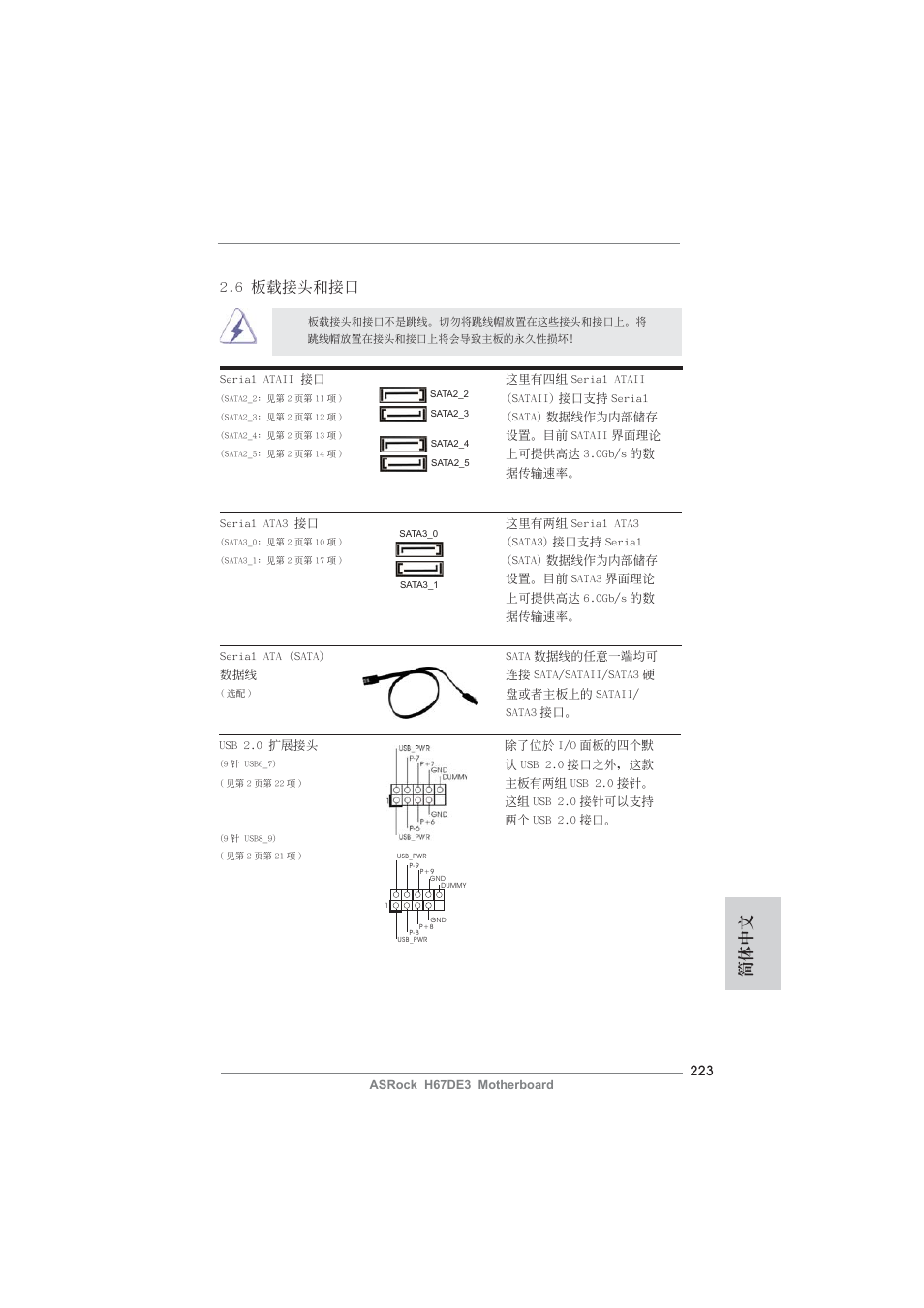 簡體中文, 6 板載接頭和接口 | ASRock H67DE3 User Manual | Page 223 / 253