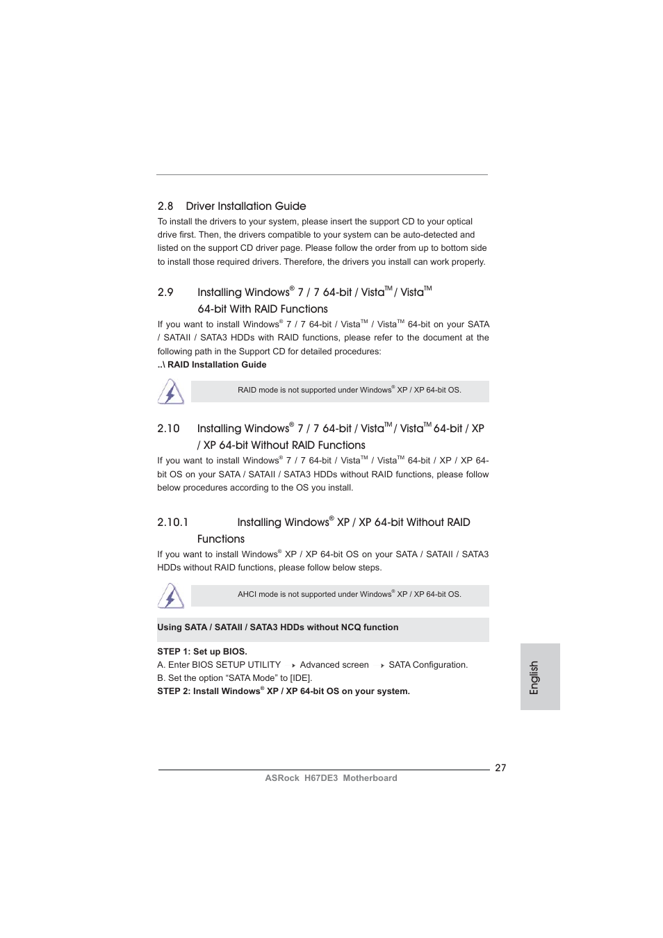8 driver installation guide, 9 installing windows, 7 / 7 64-bit / vista | Vista, Bit with raid functions, English, 10 installing windows, Bit / xp / xp 64-bit without raid functions, 1 installing windows, Xp / xp 64-bit without raid functions | ASRock H67DE3 User Manual | Page 27 / 253