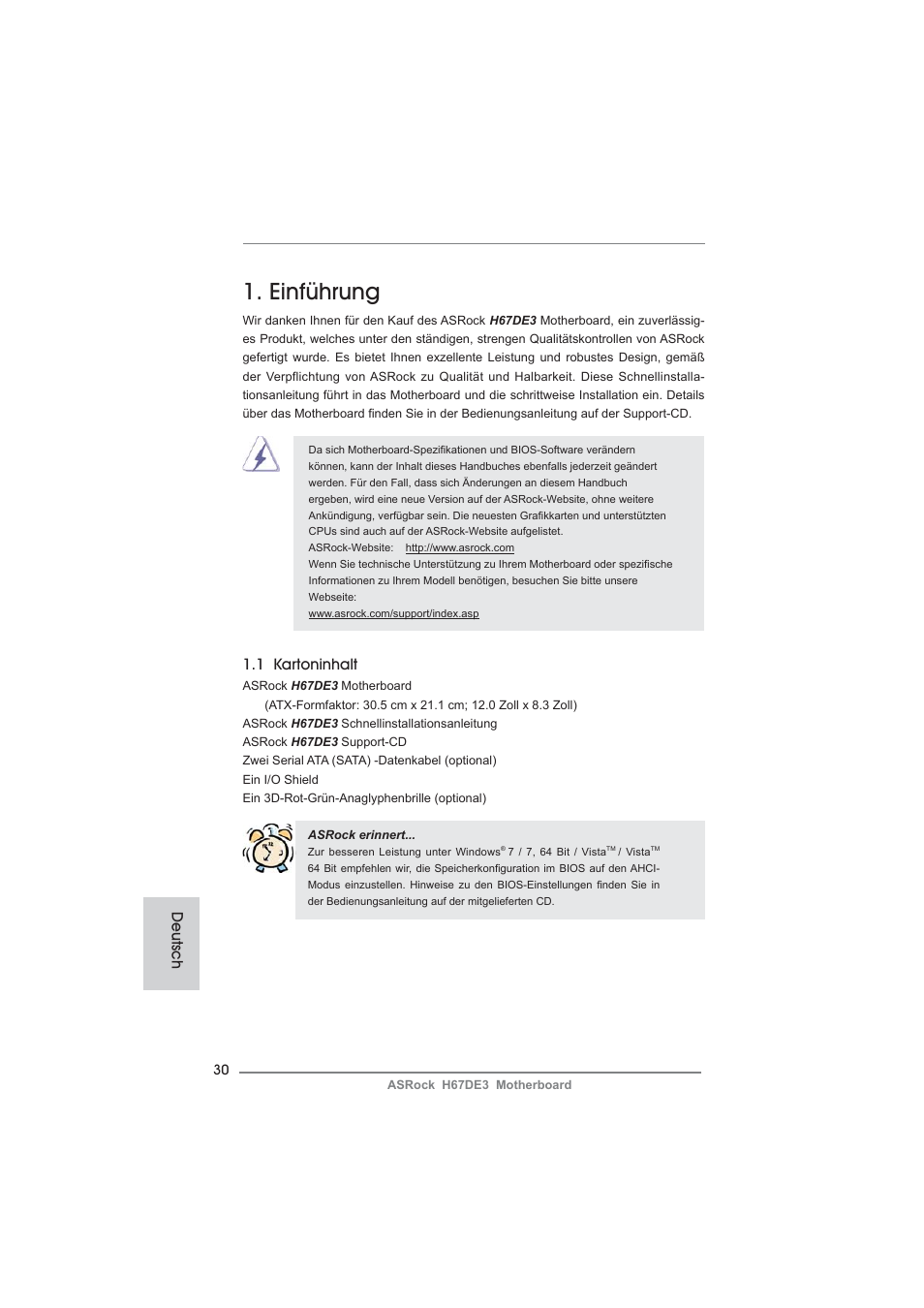 German, Einführung, 1 kartoninhalt | Deutsch | ASRock H67DE3 User Manual | Page 30 / 253