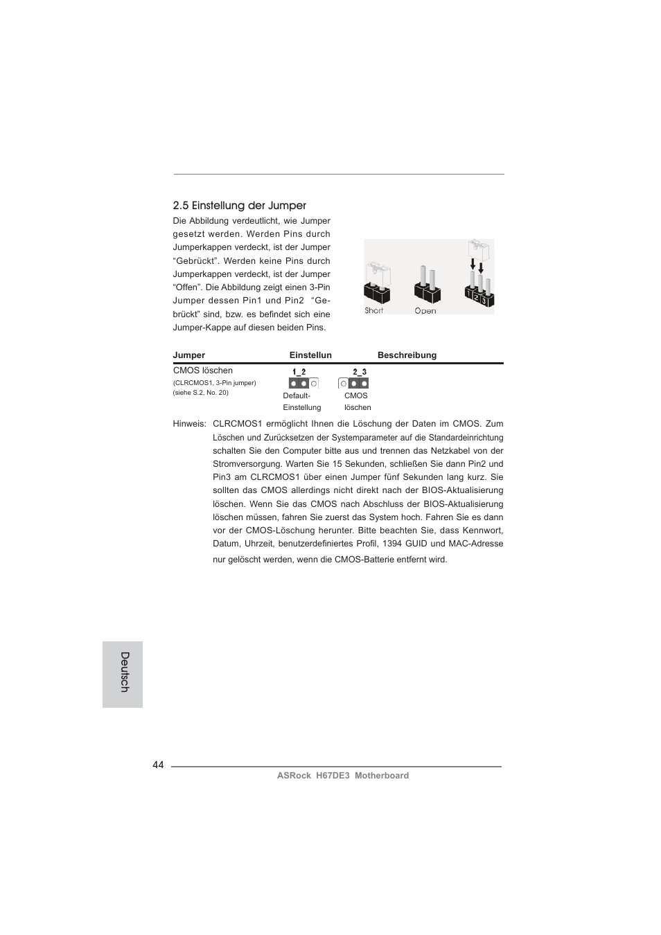 Deutsch 2.5 einstellung der jumper | ASRock H67DE3 User Manual | Page 44 / 253