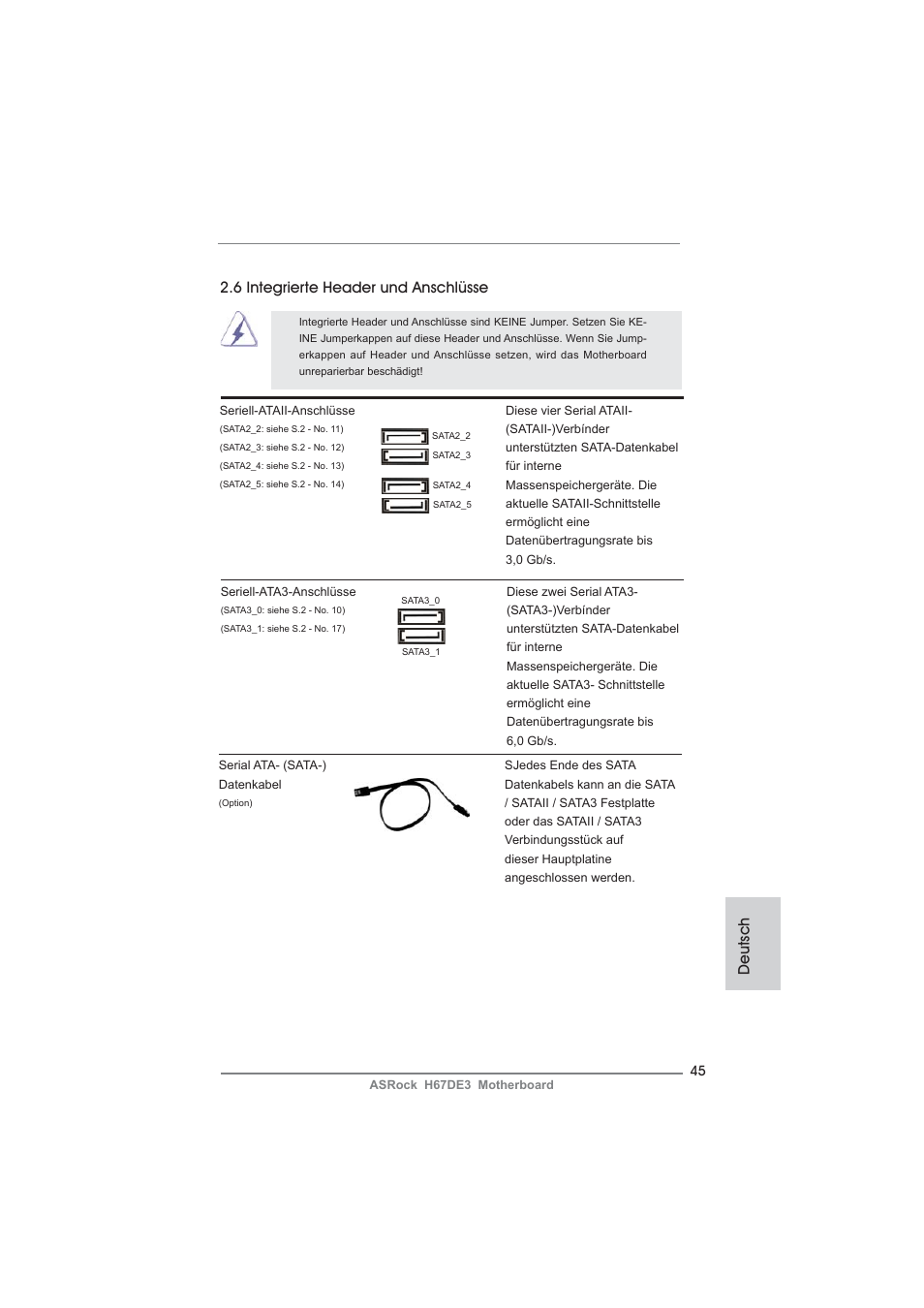 Deutsch 2.6 integrierte header und anschlüsse | ASRock H67DE3 User Manual | Page 45 / 253