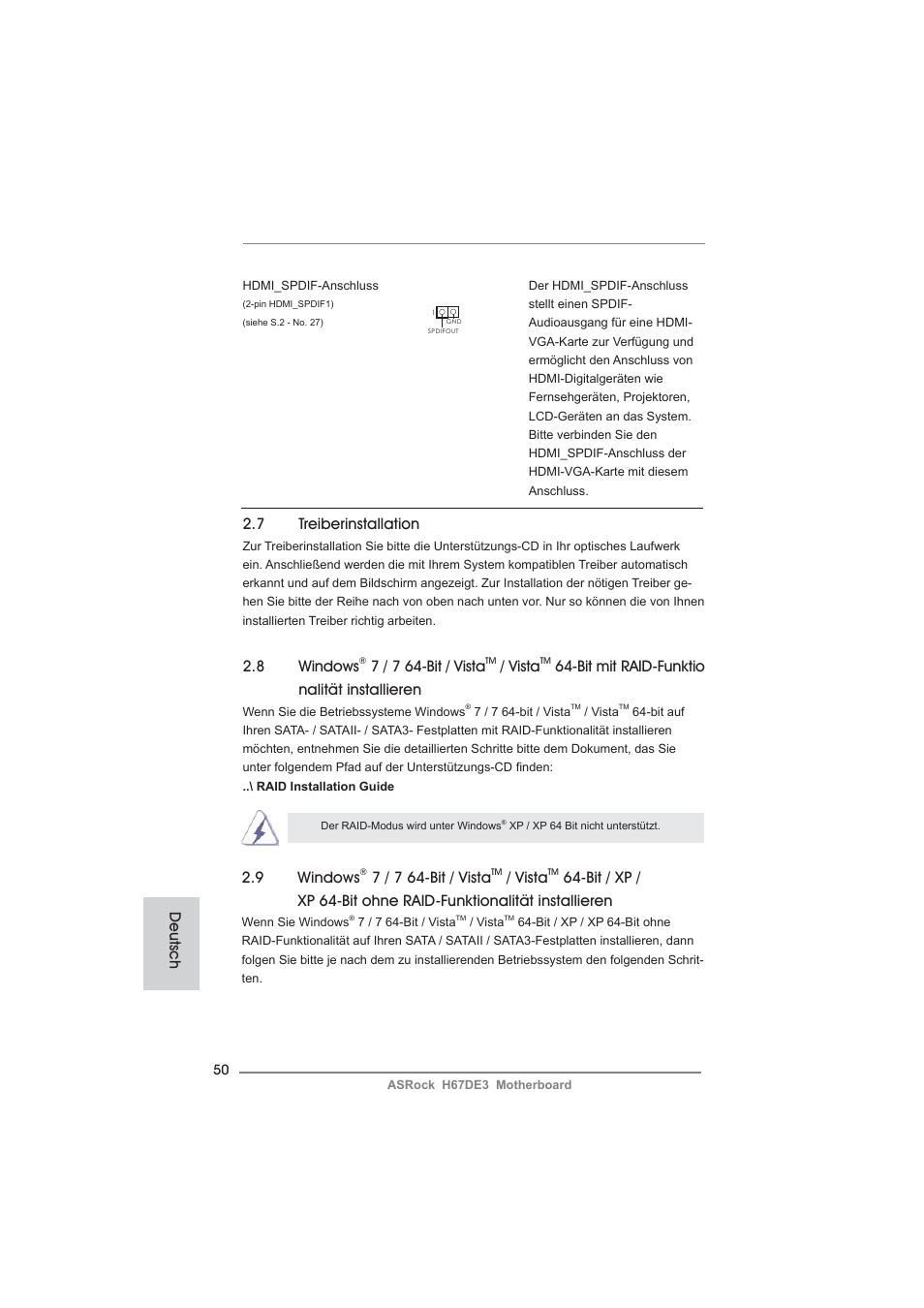 7 treiberinstallation, 9 windows, 7 / 7 64-bit / vista | Vista, 8 windows, Bit mit raid-funktio nalität installieren, Deutsch | ASRock H67DE3 User Manual | Page 50 / 253