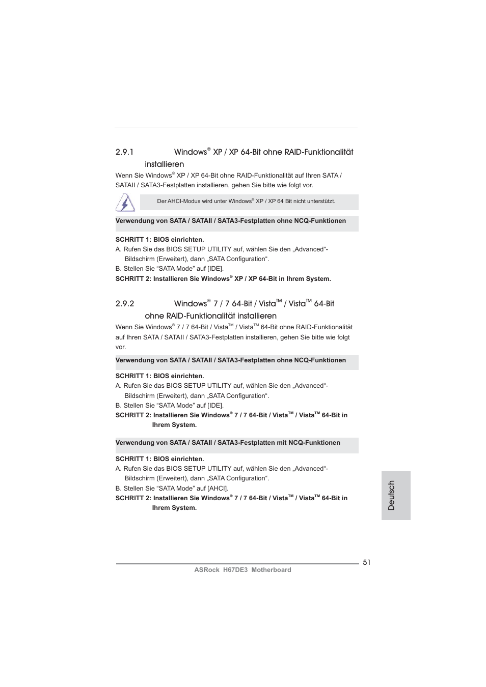 1 windows, Deutsch, 2 windows | 7 / 7 64-bit / vista, Vista, Bit ohne raid-funktionalität installieren | ASRock H67DE3 User Manual | Page 51 / 253