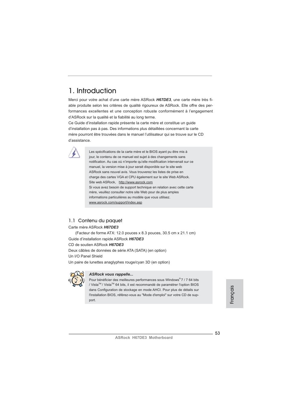 French, Introduction, Français | 1 contenu du paquet | ASRock H67DE3 User Manual | Page 53 / 253