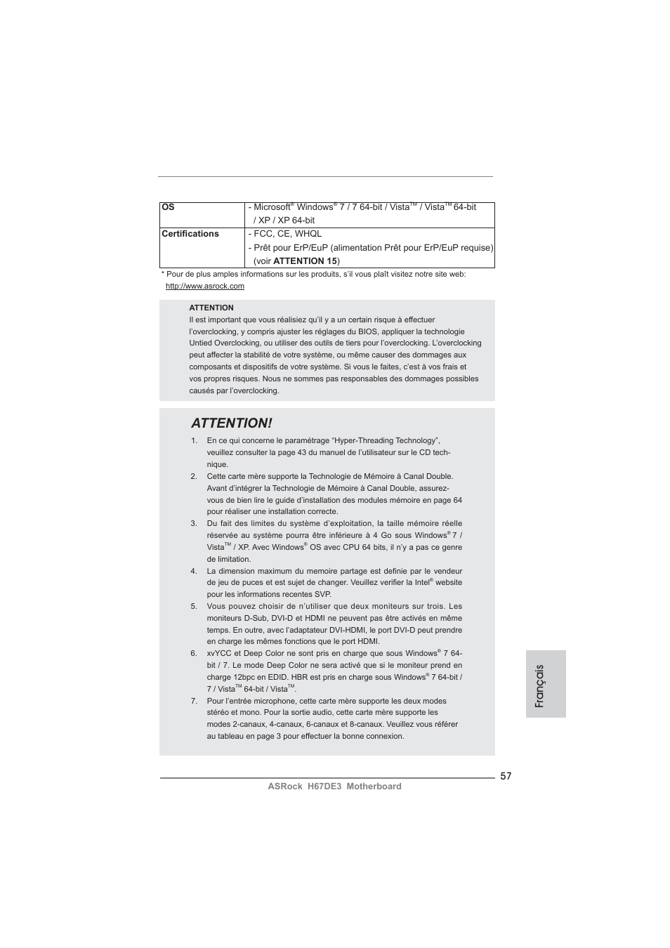 Attention, Français | ASRock H67DE3 User Manual | Page 57 / 253