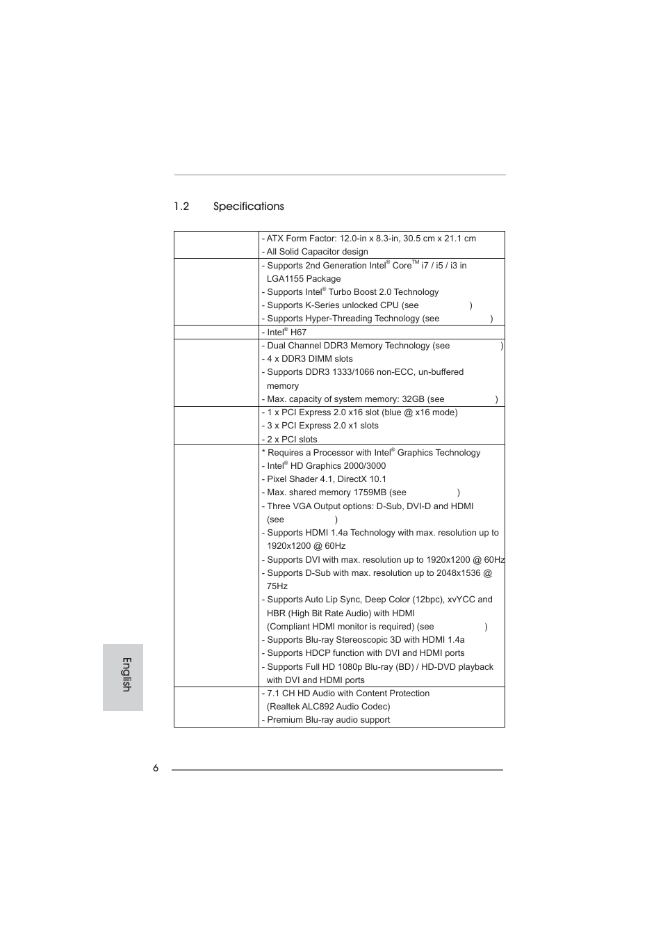 English 1.2 specifications | ASRock H67DE3 User Manual | Page 6 / 253