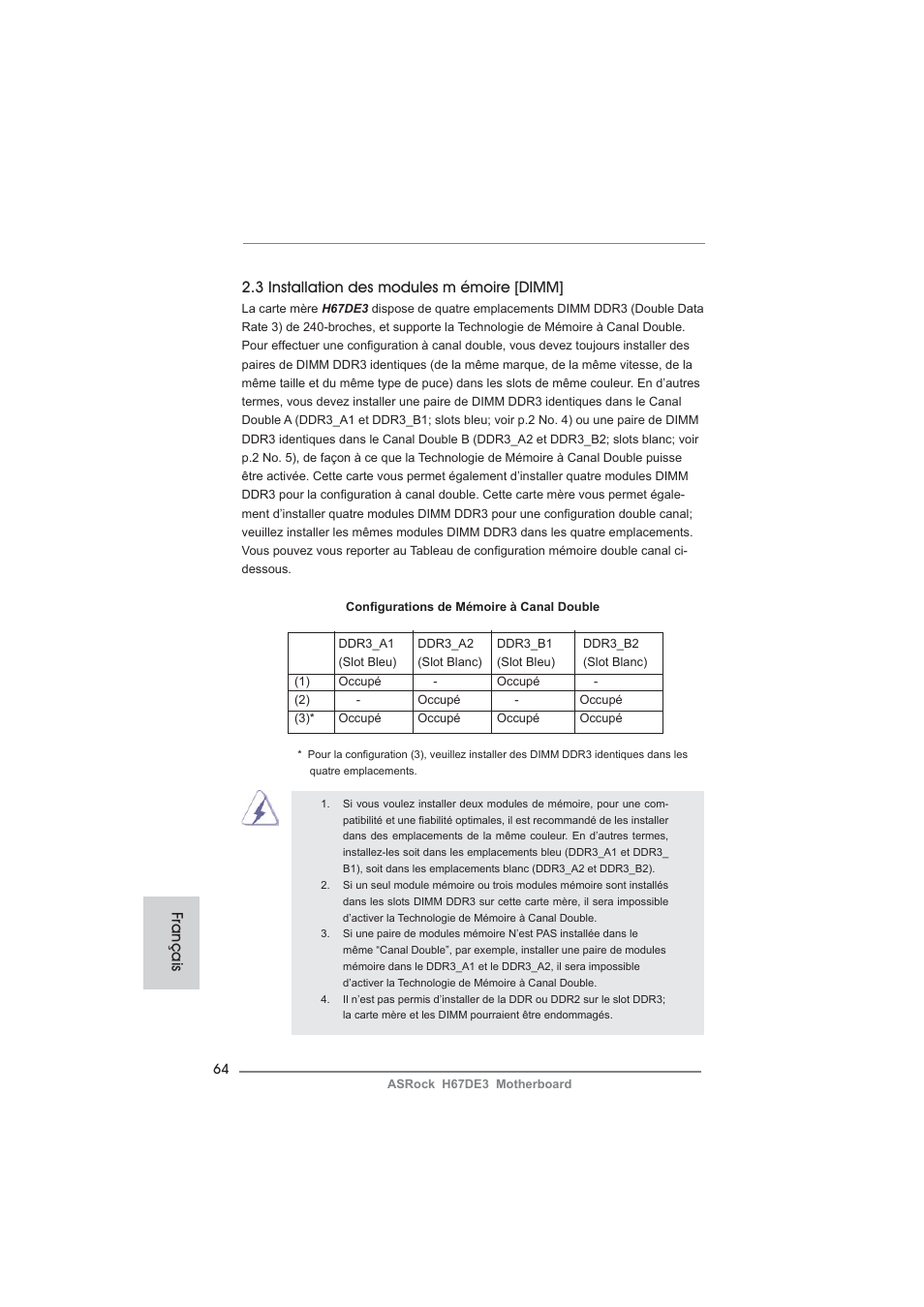 3 installation des modules m émoire [dimm, Français | ASRock H67DE3 User Manual | Page 64 / 253