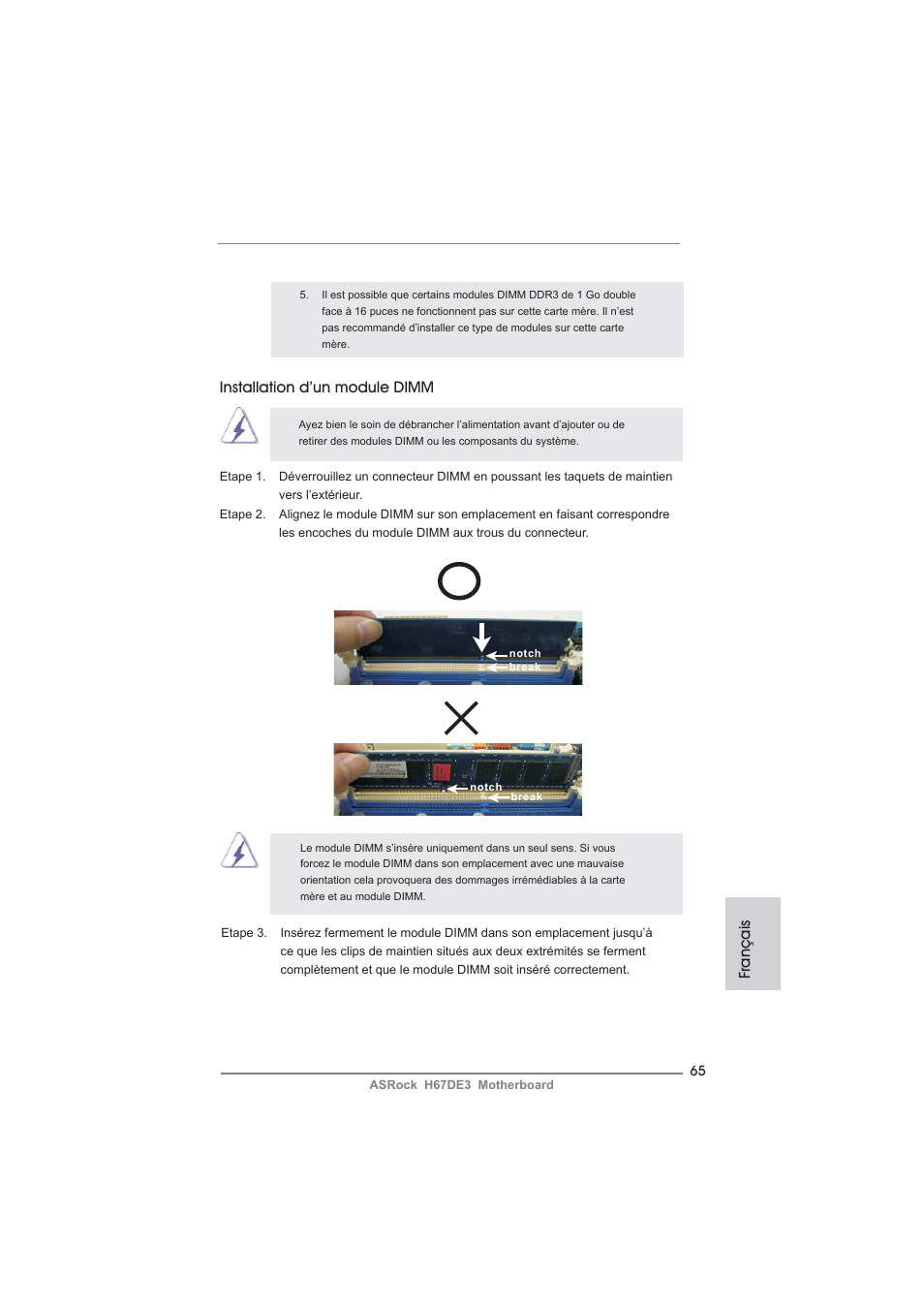 Français installation d’un module dimm | ASRock H67DE3 User Manual | Page 65 / 253