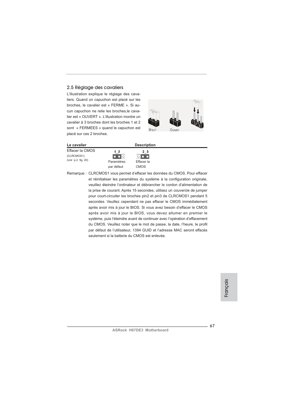 Français 2.5 réglage des cavaliers | ASRock H67DE3 User Manual | Page 67 / 253