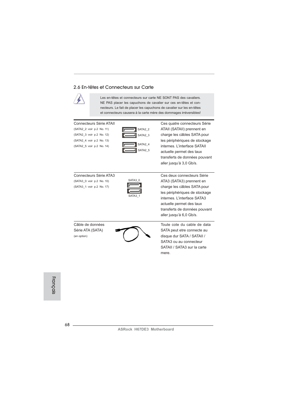 6 en-têtes et connecteurs sur carte, Français | ASRock H67DE3 User Manual | Page 68 / 253