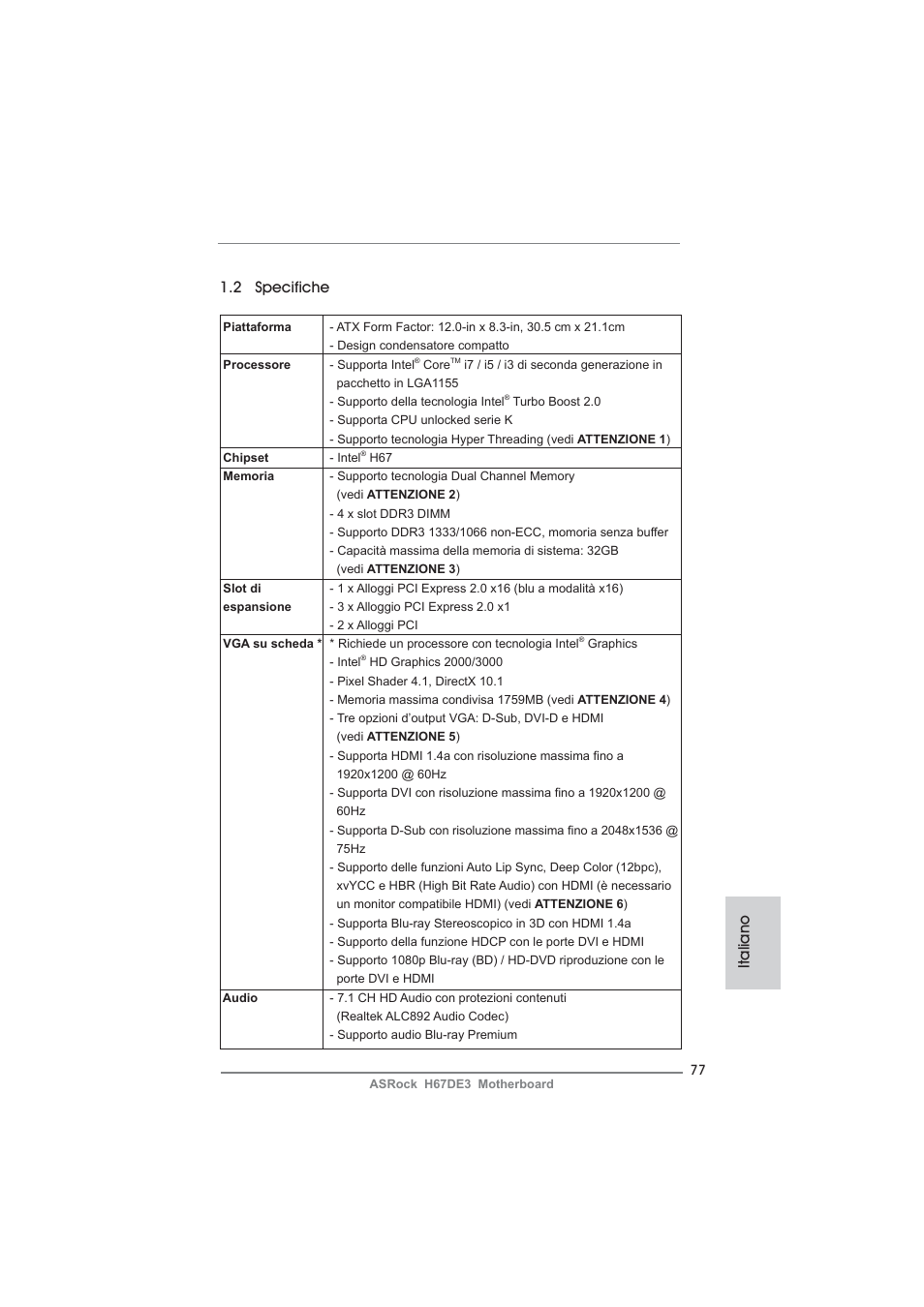 Italiano 1.2 specifiche | ASRock H67DE3 User Manual | Page 77 / 253